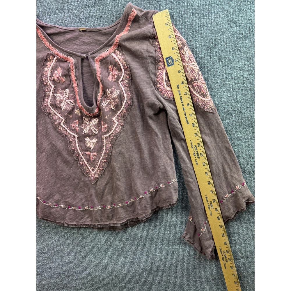 Free People Embroidered Top Womens XS Brown Long Sleeve Boho Blouse 68050 - Picture 3 of 6